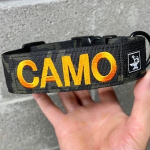 Tactical 1-1/2” Personalized Dog Collar with Embroidered Name and double thick webbing. Handmade in the U.S.A.