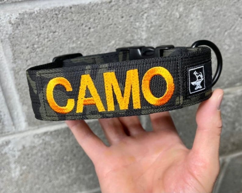 May include: A camouflage dog collar with the word "CAMO" embroidered in bright yellow with an orange outline. The collar has a black metal D-ring and buckle. A small white square patch with a dog and anvil logo is visible.
