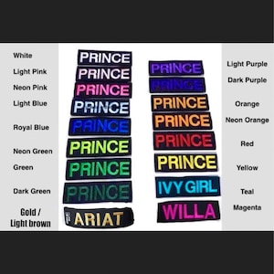 May include: A collection of embroidered patches in various colors, featuring the word "PRINCE" in bold, capitalized letters. Other patches include "IVY GIRL", "WILLA", and "ARIAT". The patches are in a variety of colors, including white, pink, blue, green, and orange.