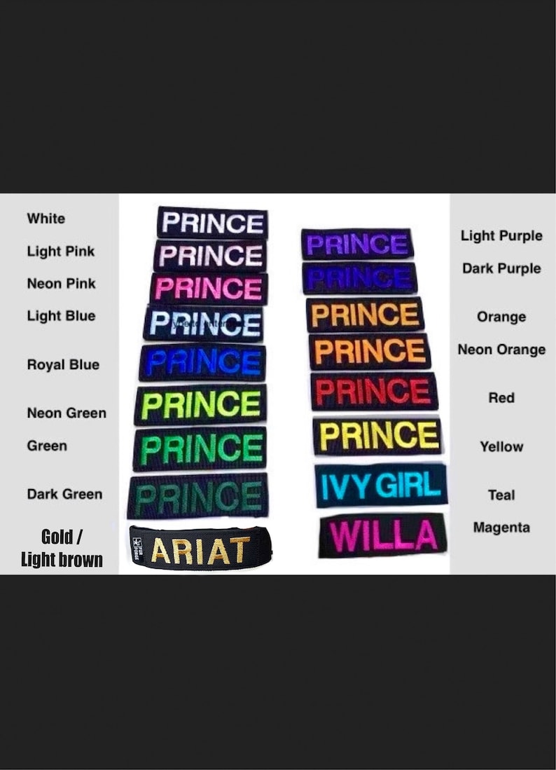 May include: A collection of embroidered patches in various colors, featuring the word "PRINCE" in bold, capitalized letters. Other patches include "IVY GIRL", "WILLA", and "ARIAT". The patches are in a variety of colors, including white, pink, blue, green, and orange.