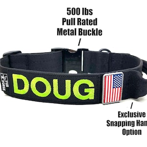 May include: Black dog collar with a green embroidered name "DOUG" and a small American flag patch. The collar has a metal buckle rated for 500 lbs of pull.