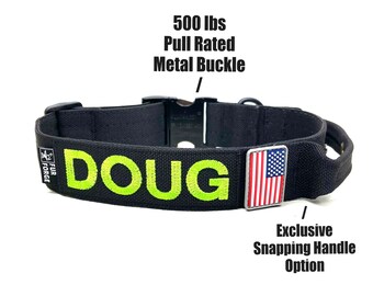 Tactical 1-1/2” wide Dog Collar with Handle + Embroidered Name and Phone Number + Sewn on PVC Flag Patch. Metal Buckle (500lb pull rated )