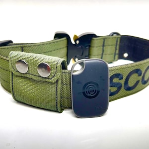 May include: An olive green dog collar with a black buckle and a small pouch secured with two silver snaps. The collar has the word "SCOUT" printed in black and includes a black rectangular tracking device.