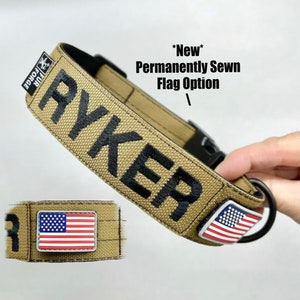 Tactical 1-1/2” wide Dog Collar with Personalized Embroidered Name plus Removable PVC Flag Patch and Beauty Mark Grommet. Made in the U.S.A.