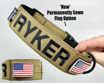 Tactical 1-1/2” wide Dog Collar with Personalized Embroidered Name plus Removable PVC Flag Patch and Beauty Mark Grommet. Made in the U.S.A.