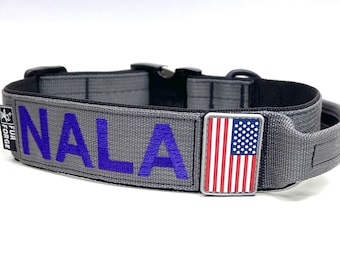 Tactical 1-1/2” wide Dog Collar with Handle + Embroidered Name and Phone Number+ Sewn on PVC American Flag. Metal Buckle (500lb pull rated )