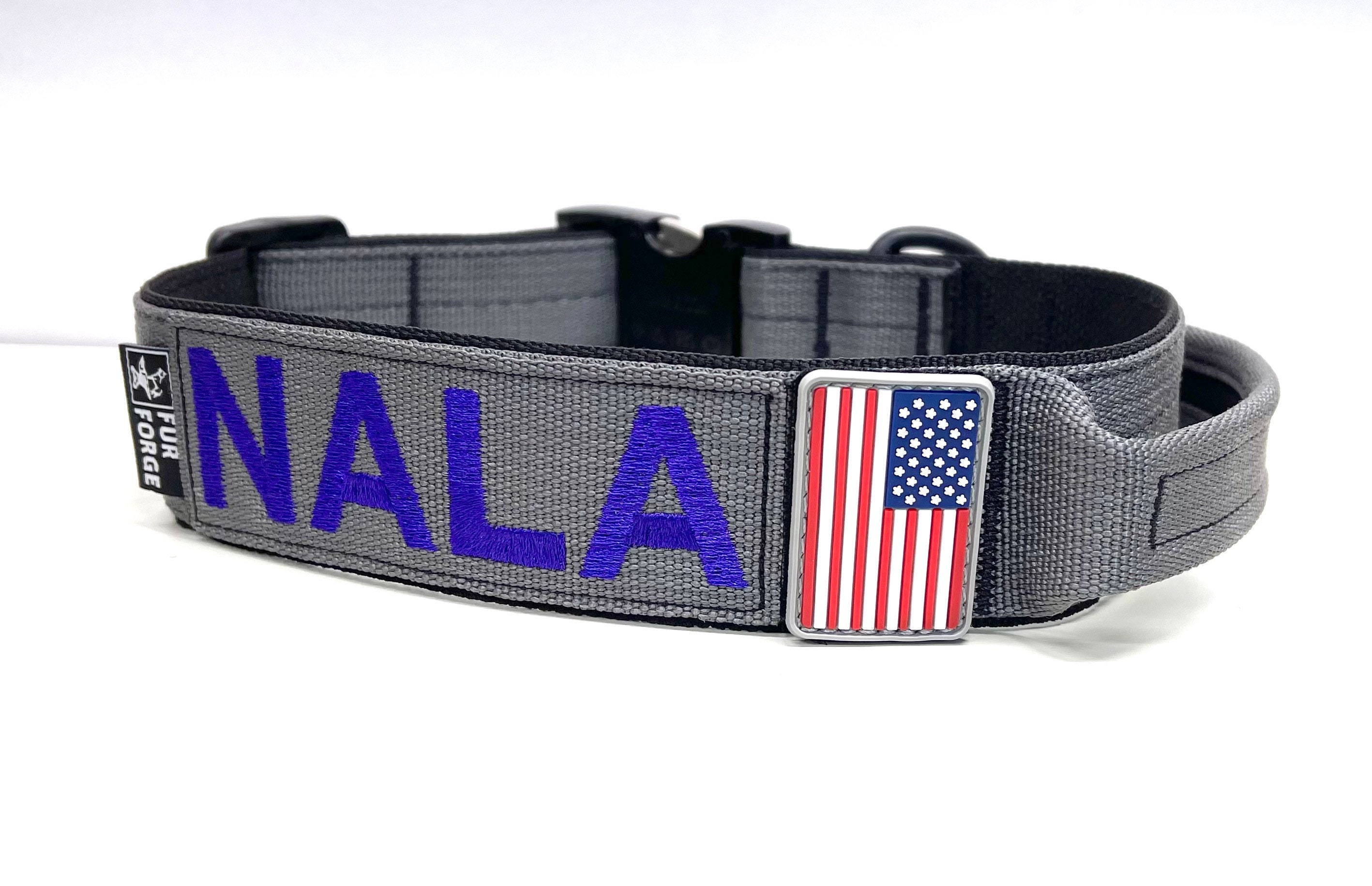 Tactical 1-1/2" Wide Dog Collar With Handle + Embroidered Name & Phone Number+ Sewn On Pvc American Flag. Metal Buckle | 500lb Pull Rated