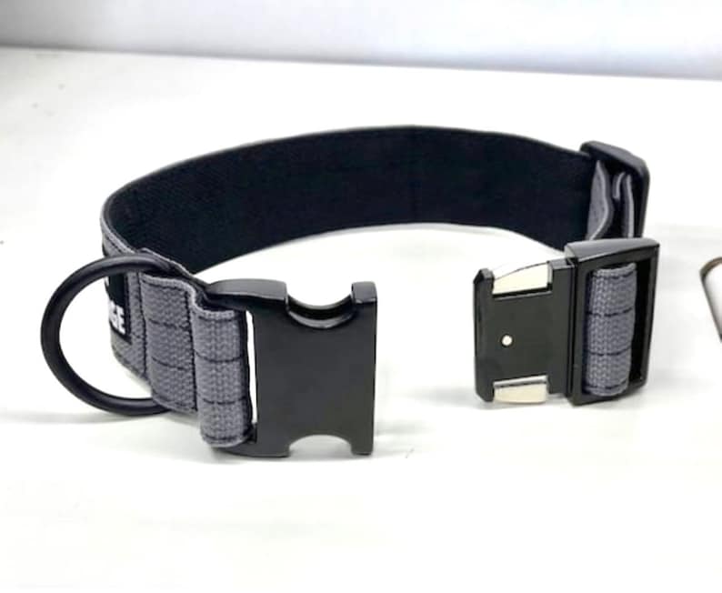 May include: A black and gray dog collar with a metal buckle and a D-ring. The collar is made of a durable, woven material.
