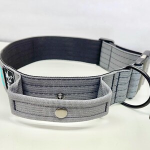 May include: A gray dog collar with a black metal buckle and a gray fabric handle. The collar has a silver button on the handle.