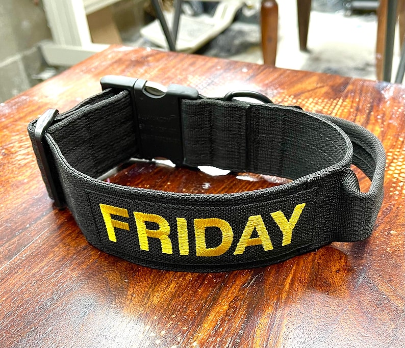 Tactical 2” wide Dog Collar with Handle + Personalized Embroidered Name and All Metal Buckle (500lbs pull rating) U.S.A. Made image 11