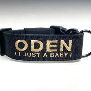 May include: Black dog collar with gold embroidered text that reads "ODEN (I JUST A BABY)". The collar has a black plastic buckle and a black metal D-ring for leash attachment.