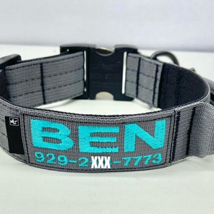 Tactical 1-1/2” wide Dog Collar with Handle+ Personalized Embroidered Name + Phone Number. All Metal Buckle (500lbs pull rating) U.S.A. made