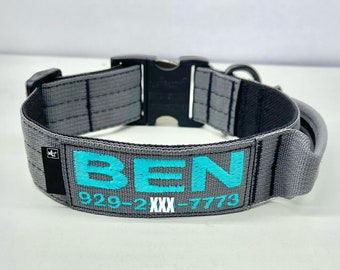 Tactical 1-1/2” wide Dog Collar with Handle+ Personalized Embroidered Name + Phone Number. All Metal Buckle (500lbs pull rating) U.S.A. made