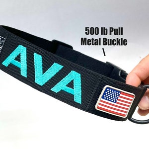 May include: Black dog collar with a turquoise "AVA" embroidered on it. The collar has a metal buckle and a small American flag patch. The collar is rated for 500 lb pull.