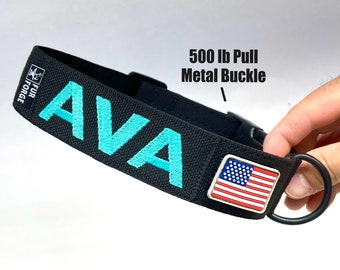 Tactical 1-1/2” wide Dog Collar with All Metal Buckle (500lbs pull rating) + Personalized Embroidered Name and PVC Flag Patch. Made in U.S.