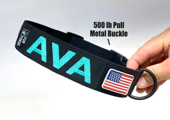 Tactical 1-1/2” wide Dog Collar with All Metal Buckle (500lbs pull rating) + Personalized Embroidered Name and PVC Flag Patch. Made in U.S.