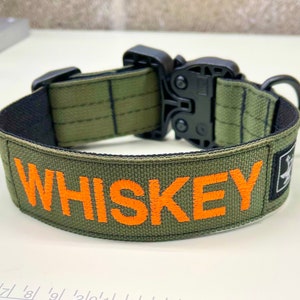 1.5” Tactical Dog Collar made in the U.S. with Personalized Embroidered Name and Cobra Gt-Buckle rated at 500lbs pull rating.