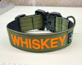 1.5” Tactical Dog Collar made in the U.S. with Personalized Embroidered Name and Cobra Gt-Buckle rated at 500lbs pull rating.