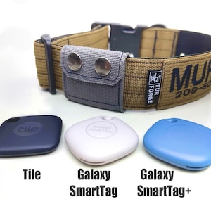 May include: Three different Bluetooth trackers, a Tile tracker in dark blue, a Galaxy SmartTag in white, and a Galaxy SmartTag+ in light blue. The trackers are on a white surface.