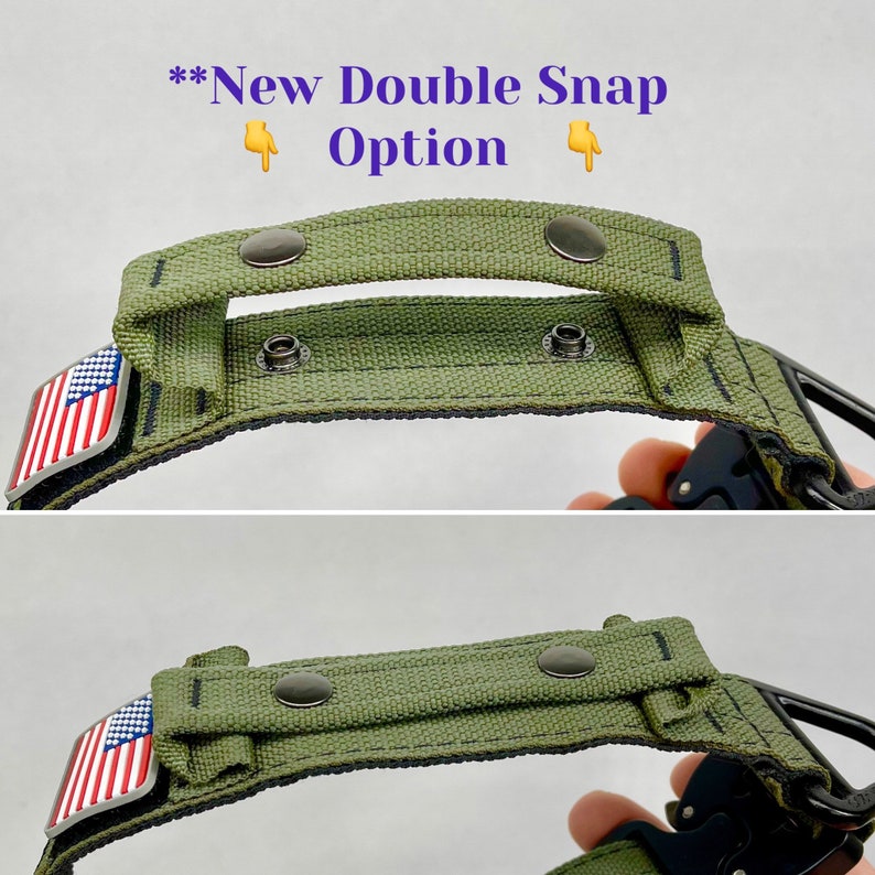 May include: A green nylon dog collar with a double snap closure and an American flag patch. The collar has a reinforced handle for easy control.