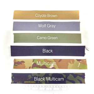 May include: Six fabric swatches in different colors and patterns. The swatches are labeled "Coyote Brown", "Wolf Gray", "Camo Green", "Black", "Multicam", and "Black Multicam".