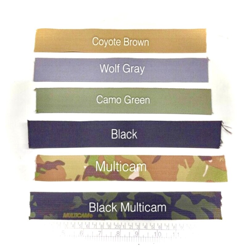 May include: Six fabric swatches in different colors and patterns. The swatches are labeled "Coyote Brown", "Wolf Gray", "Camo Green", "Black", "Multicam", and "Black Multicam".