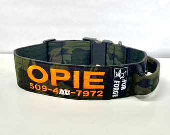 Tactical Dog Collar 2” wide with Handle. Personalized Name (and) Phone number. All Metal Buckle (500lbs pull rating) U.S.A. Made