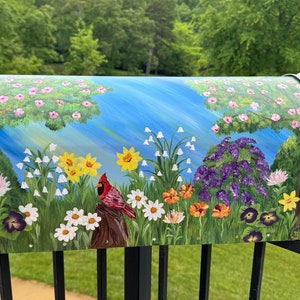 Mailbox hand painted; Red Cardinal in Field of Flowers, Decorative Handpainted Mailbox