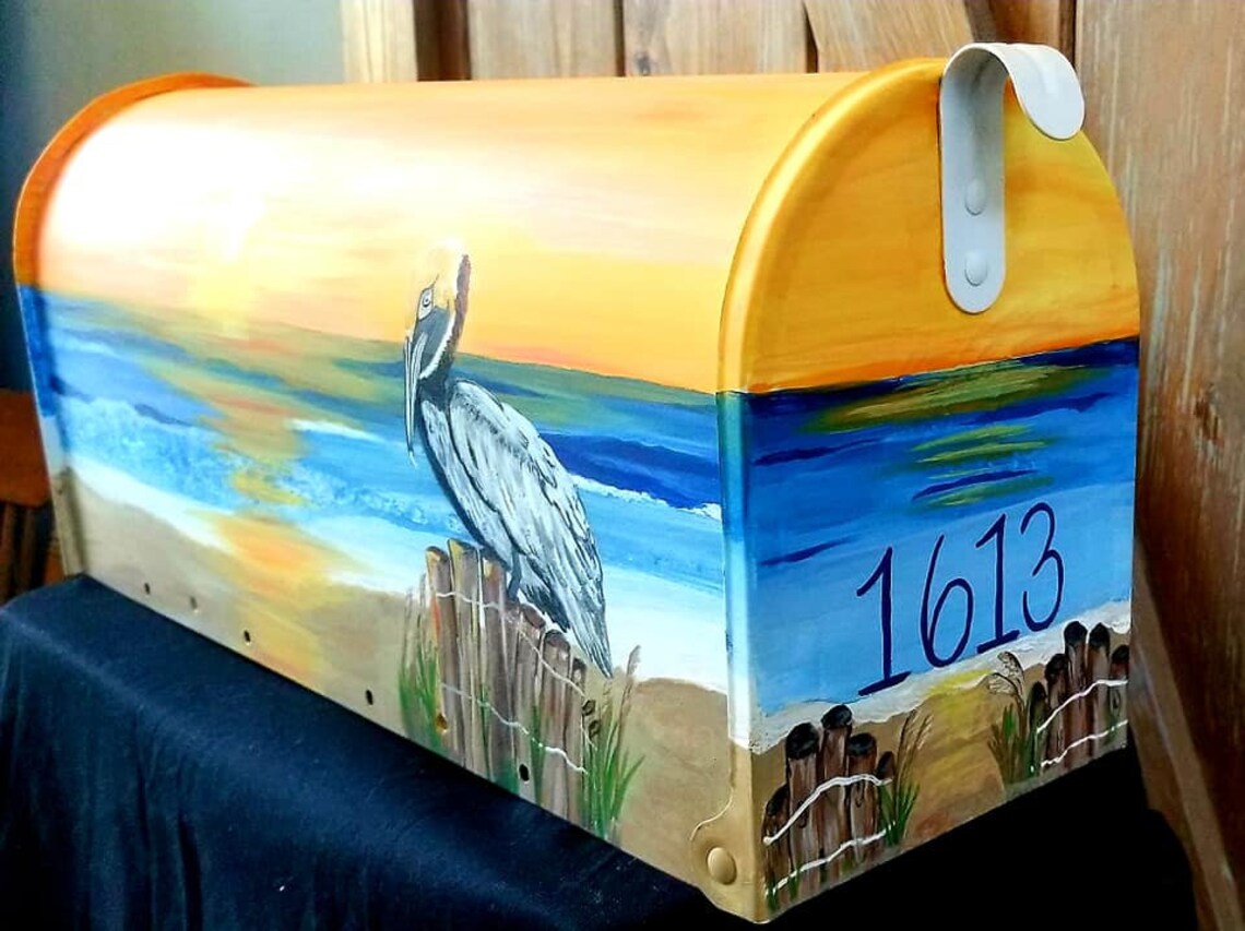 Hand Painted Pelican Mailbox Shoreline Pelican Sunset Etsy