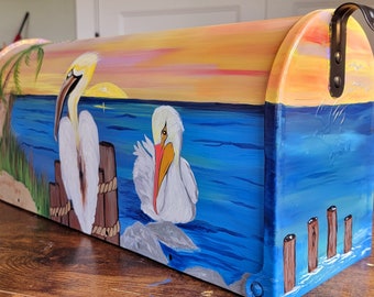 Hand Painted Pelicans, Lover's Key Mailbox - Decorative Mailbox