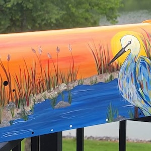 Mailbox, Hand Painted Decorative Mailbox "Blue Heron and Orange Skies"