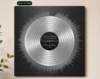 Custom Metal Record Player Plaque With Soundwave Art, Meaningful 10th 25th Anniversary Gift, Lyrics Plaque With Scannable Music Code,