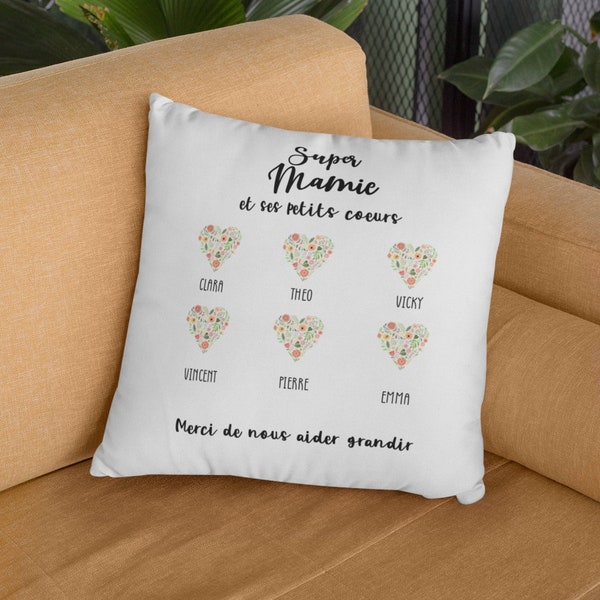 Mamie Et Ses Petits Coeurs, Fête Des Grand-Mère - Coussin Nom De Famille Personnalisé, Merci De Nous Aider Grandir