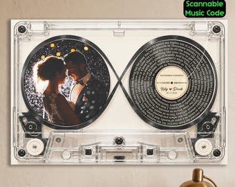 Personalized Song Lyrics Cassette Tape Canvas:  Couple Anniversary Gift, Wedding Song, First Dance Wall Art, Scannable Code