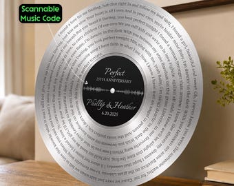 Custom Silver Metal Record Plaque – A Meaningful 25th Anniversary Gift, Lyrics Plaque With Scannable Music Code, Music Lover Gift