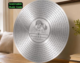 Personalized 10th Anniversary Gift, Custom Song Lyric Sign With Scannable Music Code And Custom Photo, Tin, Aluminum,Silver 25th Anniversary