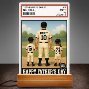 Honkbal nr. 1 Dad Man & Kids Trading Card-stijl Gepersonaliseerd nachtlampje, acrylblok, Vaderdagcadeau voor honkbal vader echtgenoot, plaquette