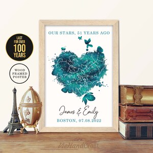 Decoración de pared del 51 aniversario, cielo nocturno personalizado por fecha, mapa de estrellas enmarcado, regalo de aniversario de bodas de 51 años para esposo y esposa, padres