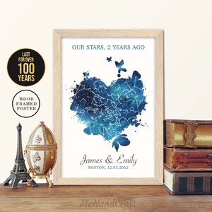 Decoración de pared del segundo aniversario, cielo nocturno personalizado por fecha, mapa de estrellas enmarcado, regalo de aniversario de boda de segundo año para marido y mujer, padres
