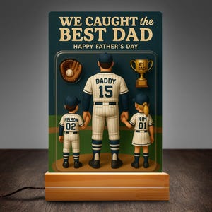 Honkbal nr. 1 Dad Man & Kids Trading Card-stijl Gepersonaliseerd nachtlampje, acrylblok, Vaderdagcadeau voor honkbal vader echtgenoot, plaquette