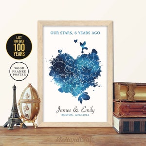 Decoración de pared del 6.º aniversario, Cielo nocturno personalizado por fecha, Mapa estelar enmarcado, Regalo de aniversario de boda de 6 años para marido y mujer, Padres
