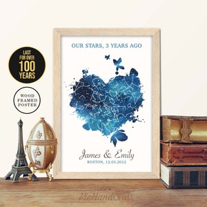 Decoración de pared del 3.er aniversario, Cielo nocturno personalizado por fecha, Mapa estelar enmarcado, Regalo de aniversario de boda de 3 años para marido y mujer, Padres