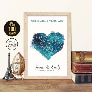 Decoración de pared del 3.er aniversario, Cielo nocturno personalizado por fecha, Mapa estelar enmarcado, Regalo de aniversario de boda de 3 años para marido y mujer, Padres