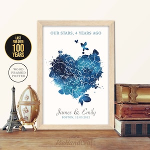Decoración de pared del 4º aniversario, cielo nocturno personalizado por fecha, mapa de estrellas enmarcado, regalo de aniversario de boda de 4 años para marido y mujer, padres