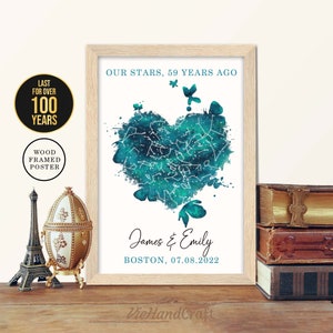 Décoration murale 59e anniversaire, ciel nocturne personnalisé par date, carte des étoiles encadrée, cadeau d'anniversaire de mariage 59 ans pour mari et femme, parents