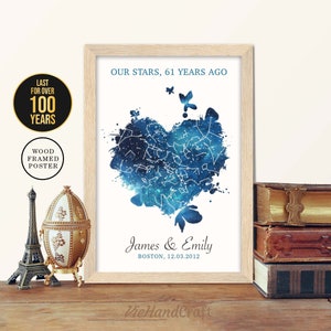 Decoración de pared del 61 aniversario, cielo nocturno personalizado por fecha, mapa de estrellas enmarcado, regalo de aniversario de bodas de 61 años para esposo y esposa, padres