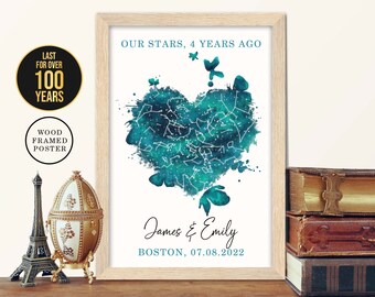 4th Anniversary Wall Decor, Custom Night Sky by Date, Framed Star Map, 4 Year Wedding Anniversary Gift for Husband and Wife, Parents