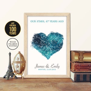 Decoración de pared del 67 aniversario, cielo nocturno personalizado por fecha, mapa de estrellas enmarcado, regalo de aniversario de bodas de 67 años para esposo y esposa, padres