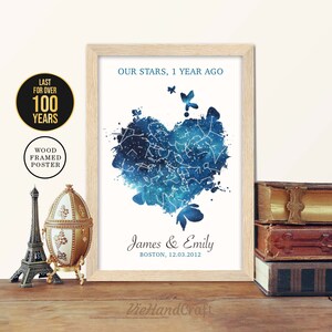 Decorazione da parete per il 1° anniversario, cielo notturno personalizzato per data, mappa stellare incorniciata, regalo per anniversario di matrimonio di 1 anno per marito e moglie, genitori