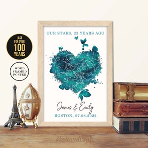 Décoration murale 23e anniversaire, ciel nocturne personnalisé par date, carte des étoiles encadrée, cadeau d'anniversaire de mariage 23 ans pour mari et femme, parents